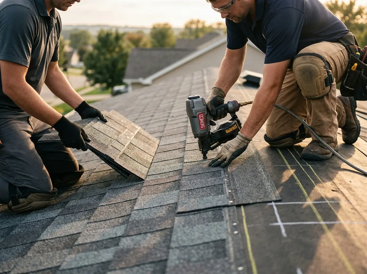 Professional roofer working on a residential roof in Floresville
